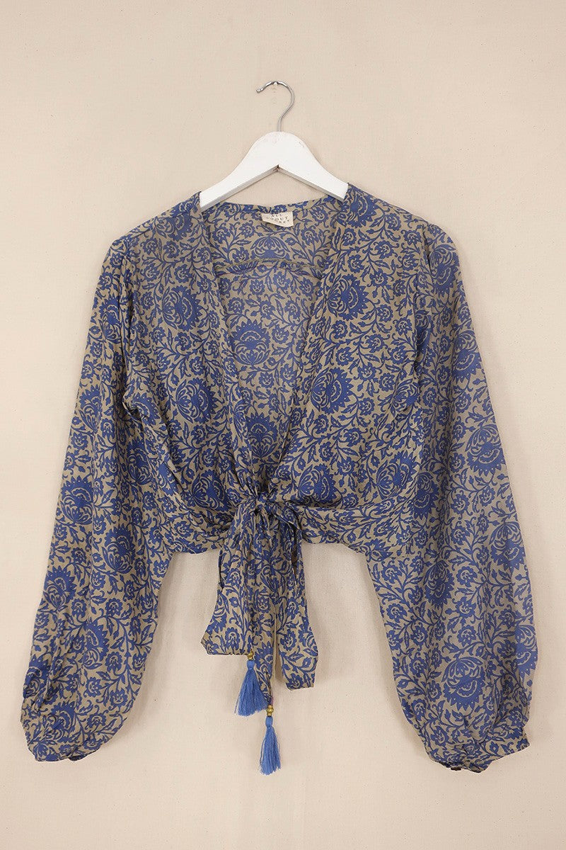 Lola Vintage Silk Wrap Top - Silver & Cerulean Block Print Floral - Size S/M
