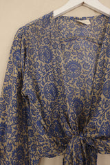 Lola Vintage Silk Wrap Top - Silver & Cerulean Block Print Floral - Size S/M