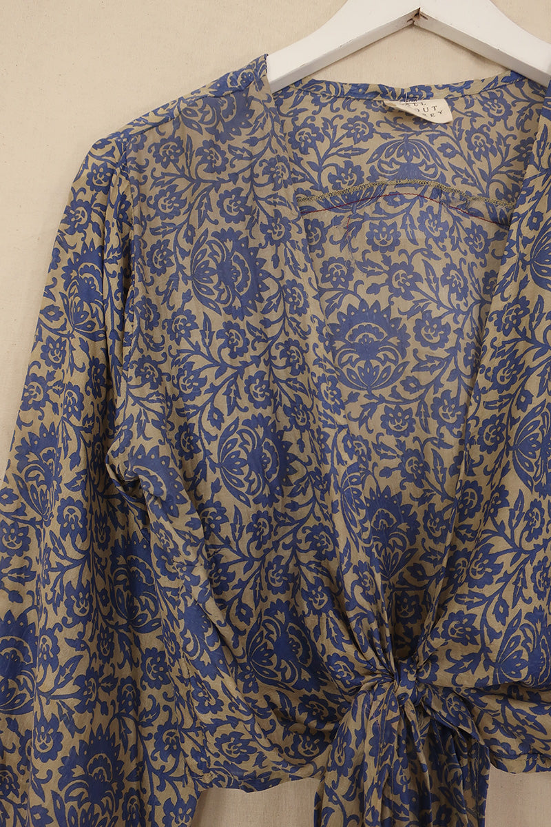 Lola Vintage Silk Wrap Top - Silver & Cerulean Block Print Floral - Size S/M