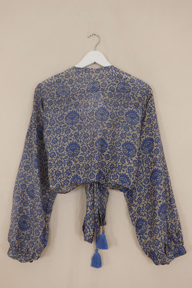 Lola Vintage Silk Wrap Top - Silver & Cerulean Block Print Floral - Size S/M