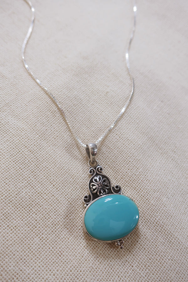 Ornate Turquoise Pendant 925 Silver Necklace