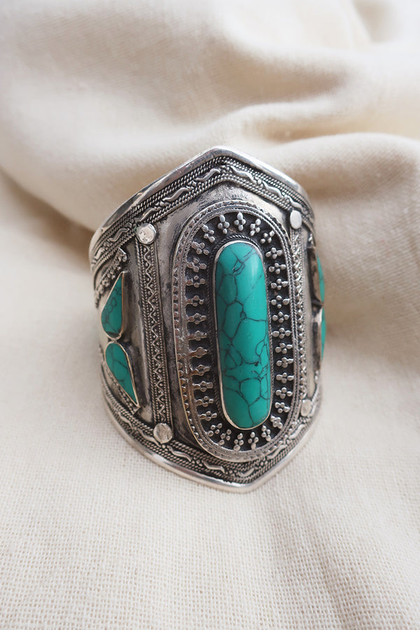 Turkish Seven Stone Silver Plated Brass Bangle with Reconstituted Turquoise Green by All About Audrey