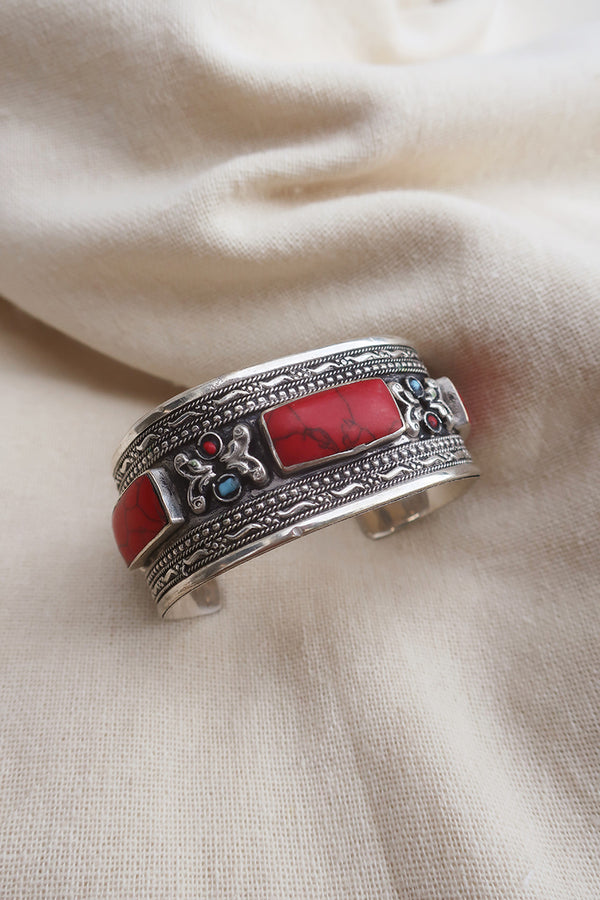 Turkish Silver Plated Brass Bangle with Reconstituted Coral Set Stone by All About Audrey