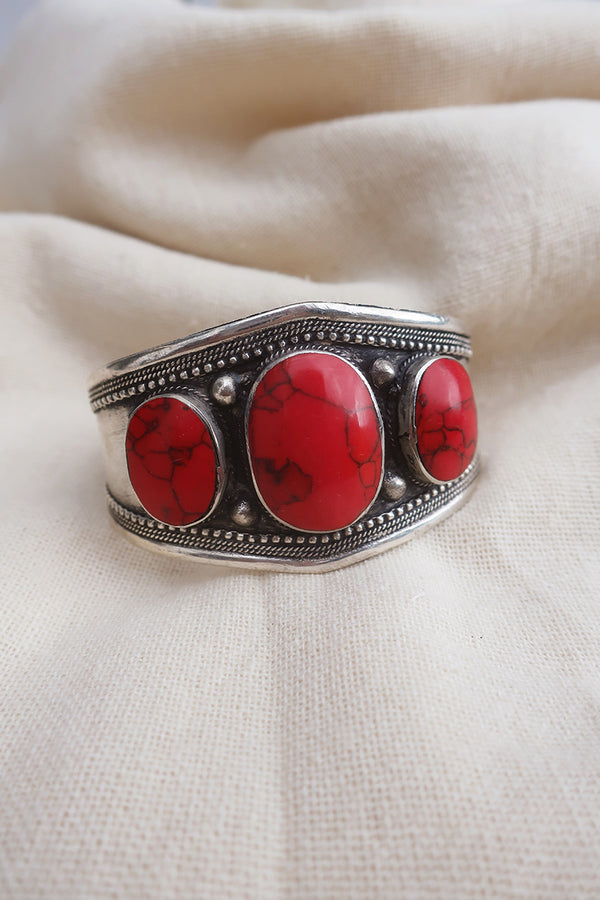 Turkish Triple Stone Silver Plated Brass Bangle with Reconstituted Coral by All About Audrey