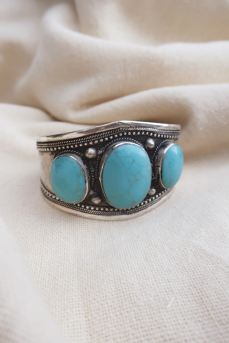 Turkish Triple Stone Silver Plated Brass Bangle with Reconstituted Turquoise by All About Audrey