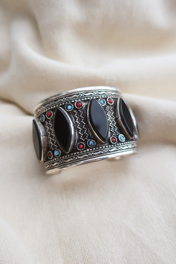 Turkish Silver Plated Brass Bangle with Black Onyx Petals by All About Audrey