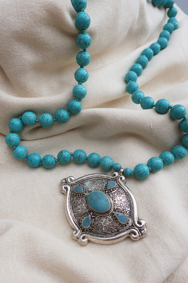 Thalia Turquoise and Engraved Silver Plated Amulet by All About Audrey