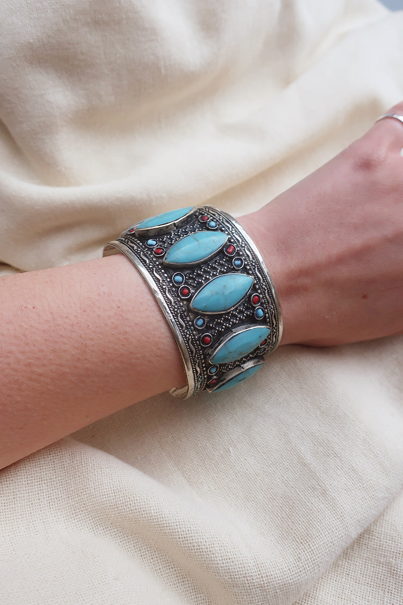 Turkish Silver Plated Brass Bangle with Reconstituted Turquoise Petals by All About Audrey
