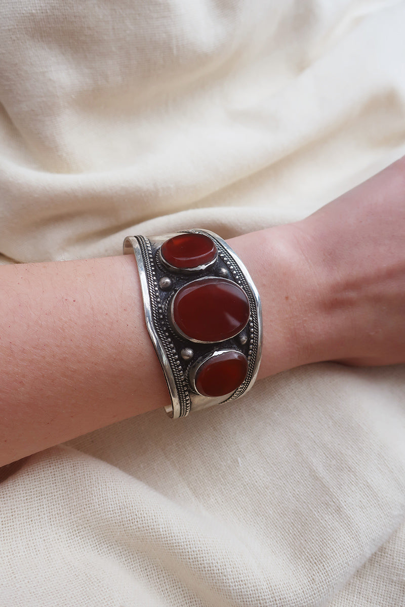 Turkish Triple Stone Silver Plated Brass Bangle with Carnelian by All About Audrey