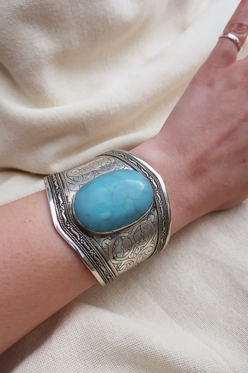 Turkish Silver Plated Brass Bangle with Reconstituted Turquoise by All About Audrey