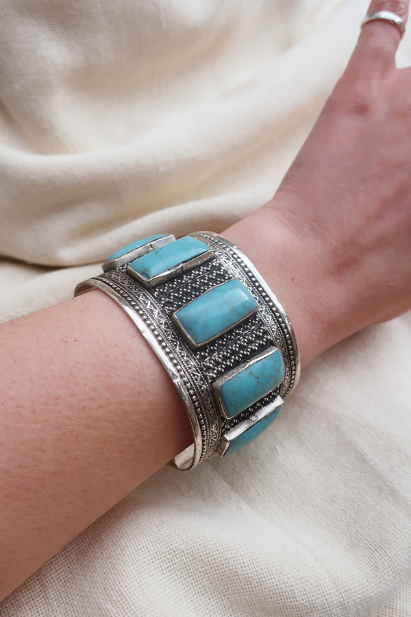 Turkish Silver Plated Brass Bangle with a Reconstituted Turquoise Sequence by All About Audrey