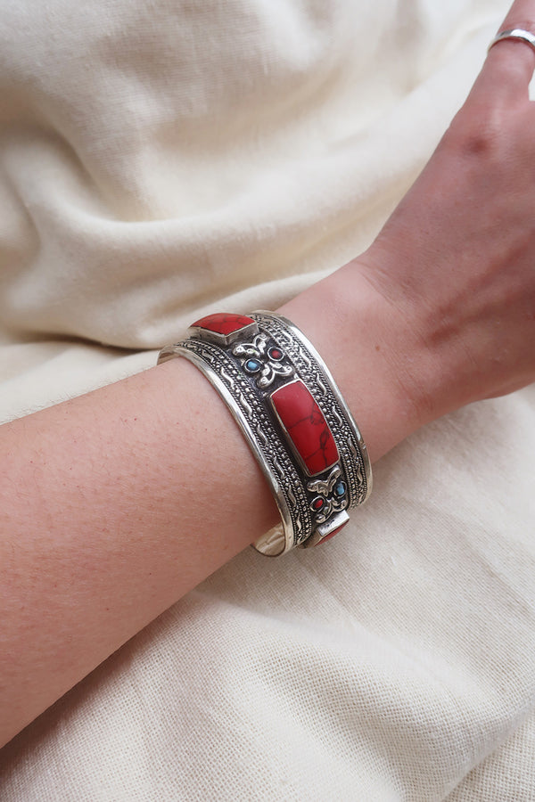 Turkish Silver Plated Brass Bangle with Reconstituted Coral Set Stone by All About Audrey