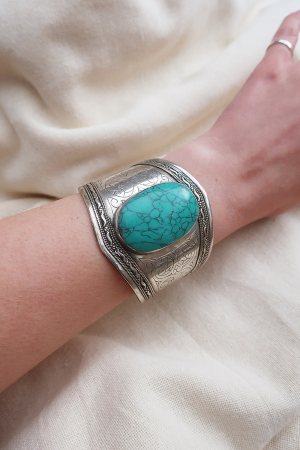 Turkish Silver Plated Brass Bangle with Reconstituted Turquoise Green by All About Audrey