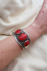 Turkish Triple Stone Silver Plated Brass Bangle with Reconstituted Coral by All About Audrey