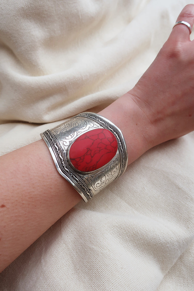 Turkish Silver Plated Brass Bangle with Reconstituted Coral by All About Audrey