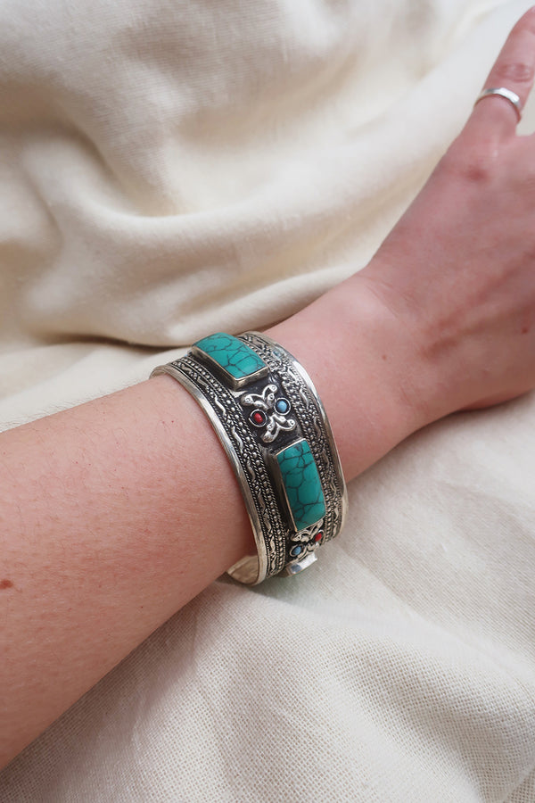Turkish Silver Plated Brass Bangle with Reconstituted Turquoise Set Stone by All About Audrey
