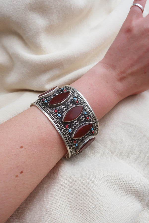 Turkish Silver Plated Brass Bangle with Carnelian Petals by All About Audrey