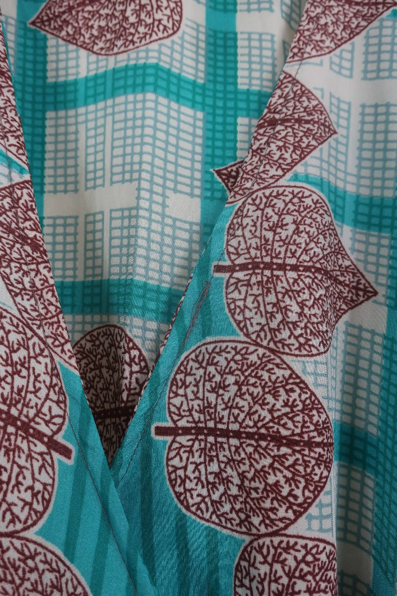 Venus Maxi Wrap Dress - Mulberry Leaf Teal Trellis - Size M by All About Audrey