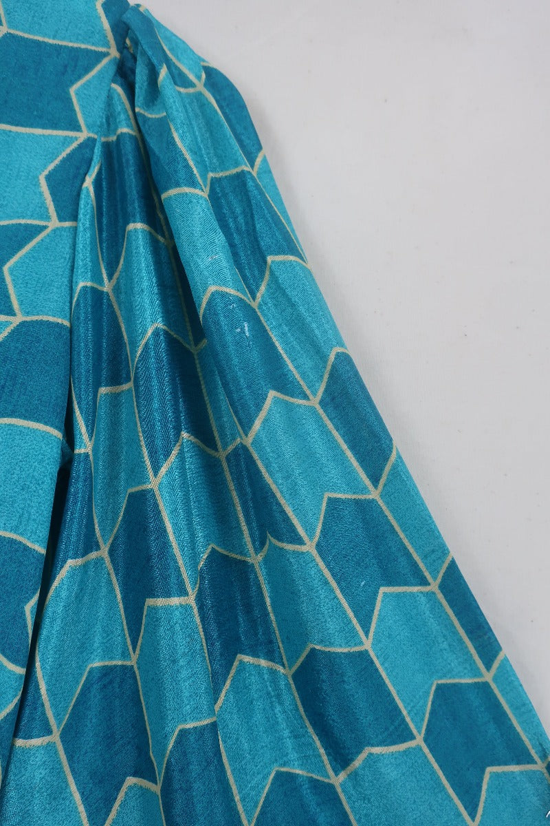 SALE | Lola Wrap Dress - Checkered Teal Blue & Bronze - Size S/M