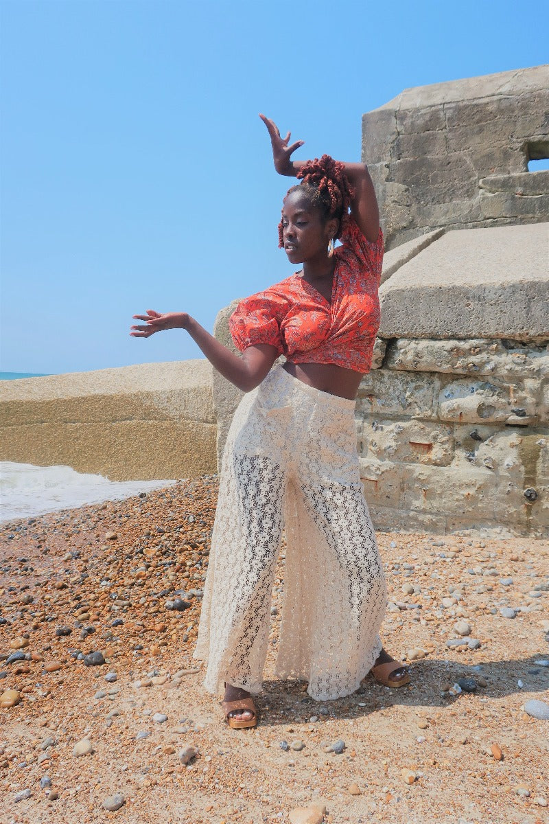 Khroma Joni Crochet High Waisted Flares - Cream Porcelain