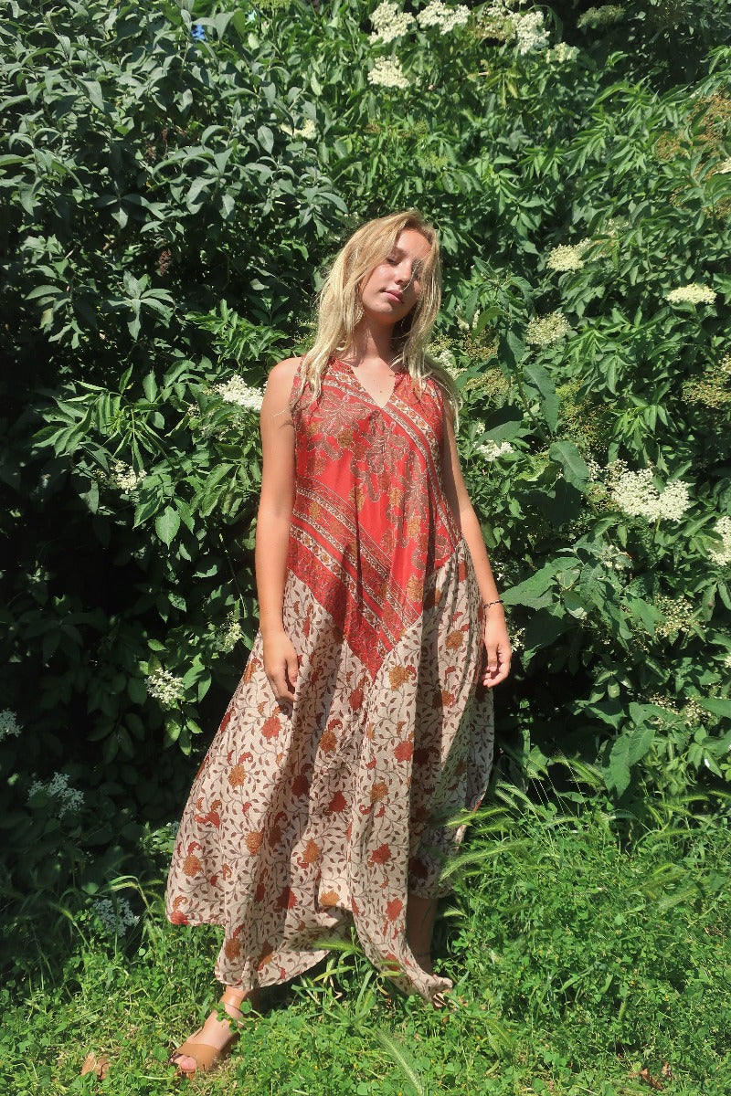 Siren Maxi Dress - Crimson and Ecru Palace Tiles  - Vintage Indian Silk - M/L