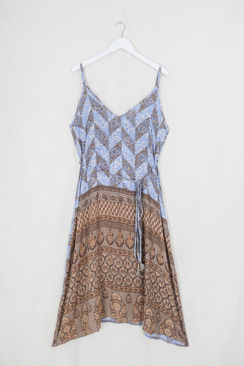 Jamie Dress - Indian Sari Slip - Rustic Brown & Blue Check - Size M/L By All About Audrey