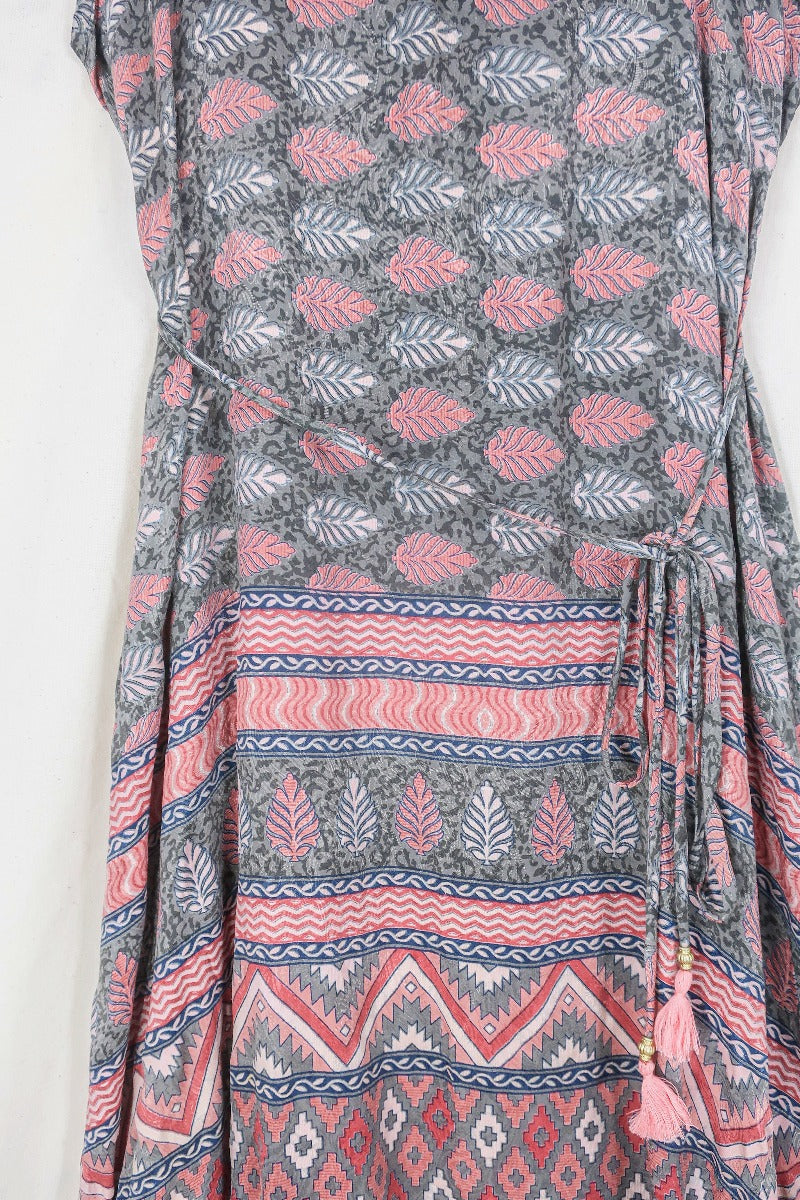 Jamie Dress - Indian Sari Slip - Silver & Petal Pink Ferns - Size XL