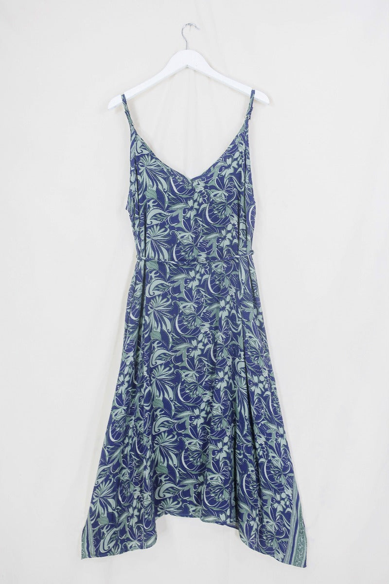 Jamie Dress - Indian Sari Slip - Indigo Blue Psychedelic Floral - Size XL By All About Audrey