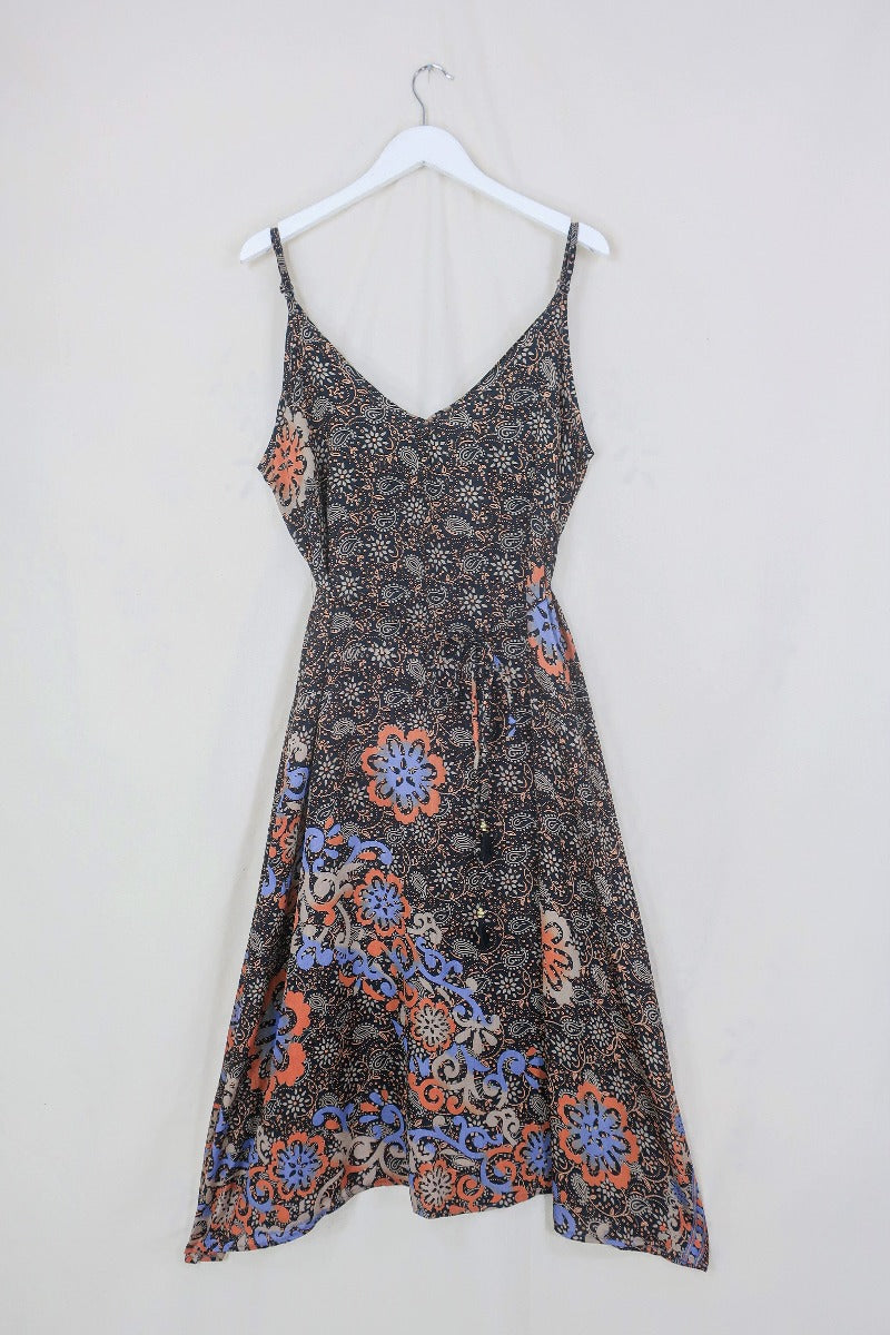 Jamie Dress - Indian Sari Slip - Shadow Black & Rust Floral - Size M/L By All About Audrey