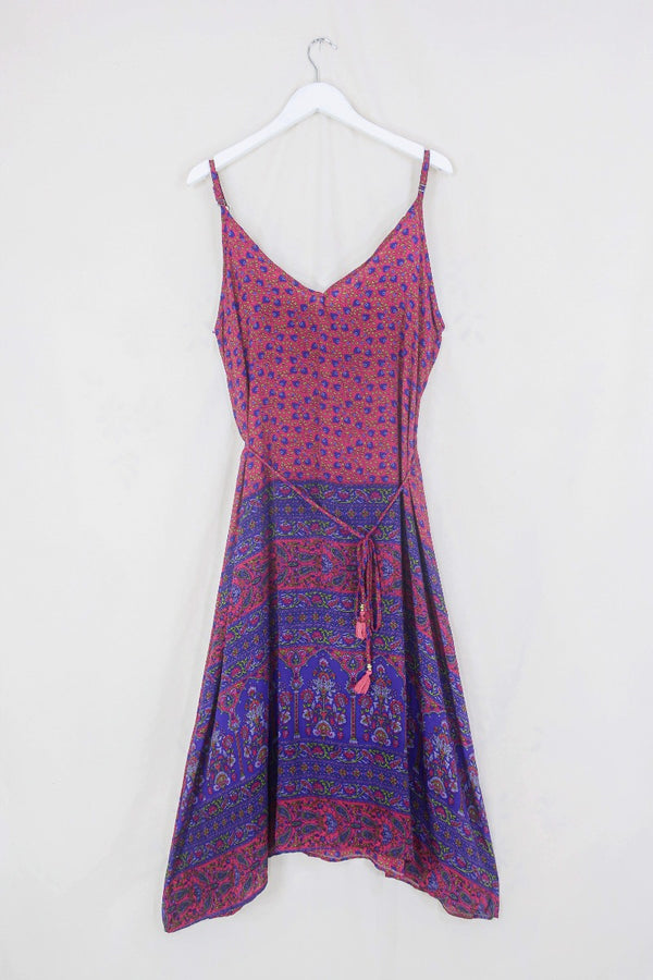Jamie Dress - Indian Sari Slip - Raspberry Pink & Plum Floral - Size M/L By All About Audrey