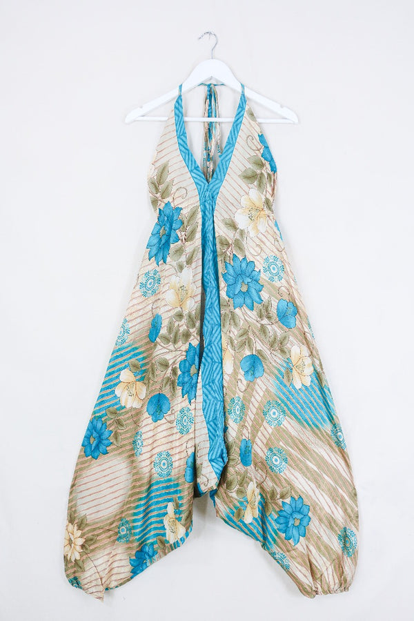 Medusa Harem Jumpsuit - Vintage Sari - Golden Sand & Turquoise Floral - M/L
