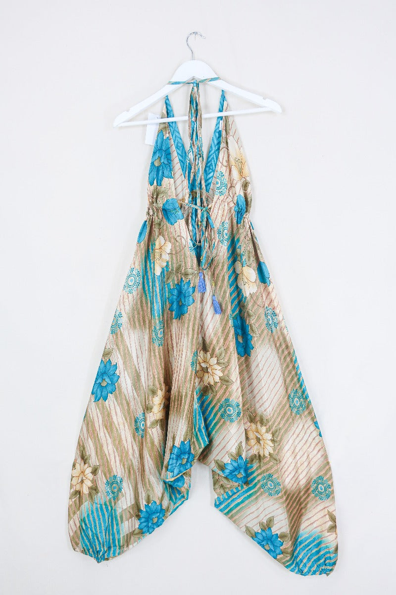 Medusa Harem Jumpsuit - Vintage Sari - Golden Sand & Turquoise Floral - M/L