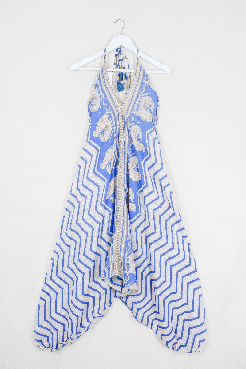 Medusa Harem Jumpsuit - Vintage Sari - Cornflower Blue Peacock Chevron - M/L