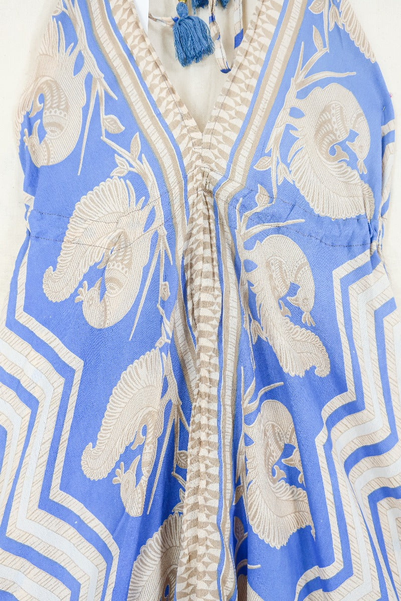 Medusa Harem Jumpsuit - Vintage Sari - Cornflower Blue Peacock Chevron - M/L