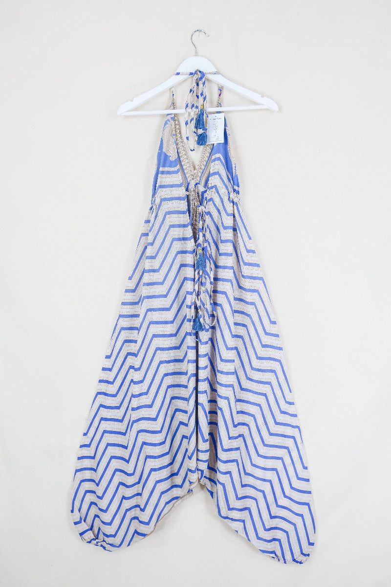 Medusa Harem Jumpsuit - Vintage Sari - Cornflower Blue Peacock Chevron - M/L