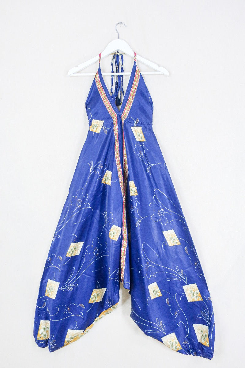 Medusa Harem Jumpsuit - Vintage Sari - Midnight Blue Trees - M/L