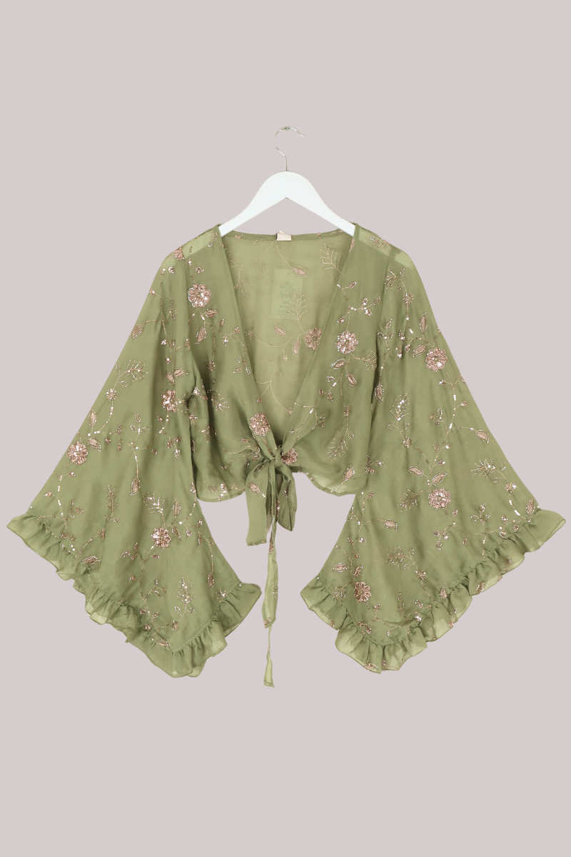Venus Beaded Vintage Sari Wrap Top in Dewdrop Green