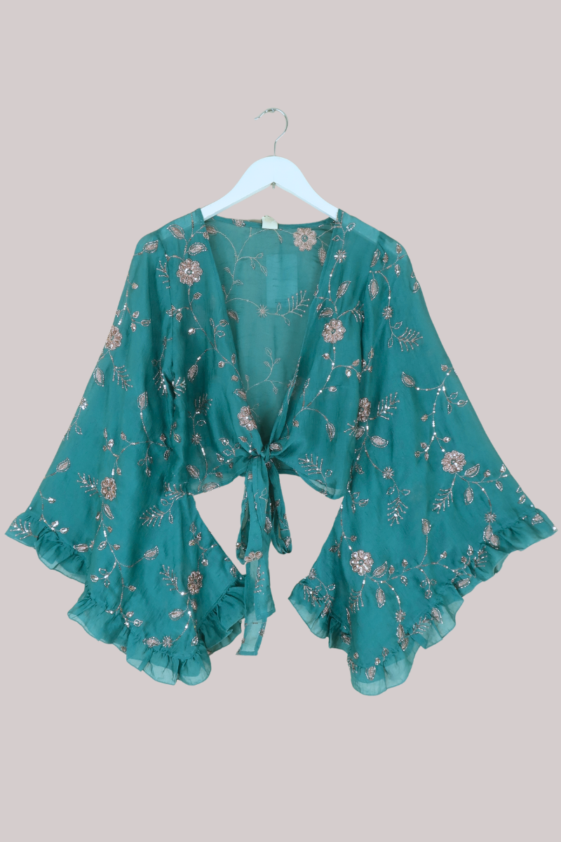 Venus Beaded Vintage Sari Wrap Top in Mermaid Blue