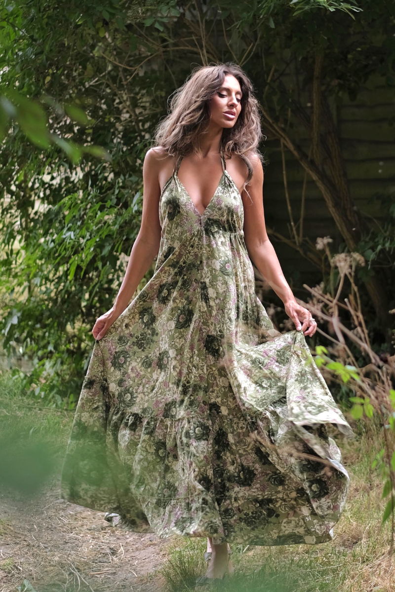 Blossom Halter Maxi Dress in Eucalyptus Green Floral