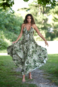 Delphi Braided Halter Maxi Dress in Eucalyptus Green Floral