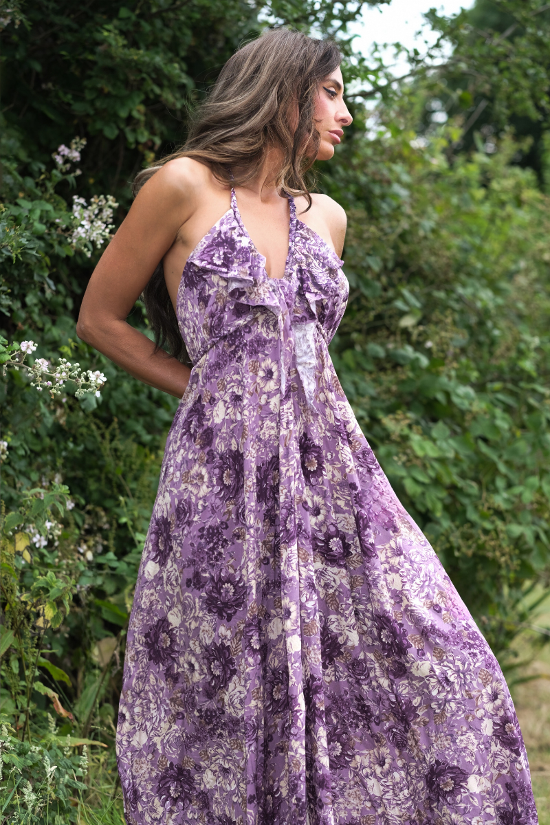 Delphi Braided Halter Maxi Dress in Whisper Purple Floral