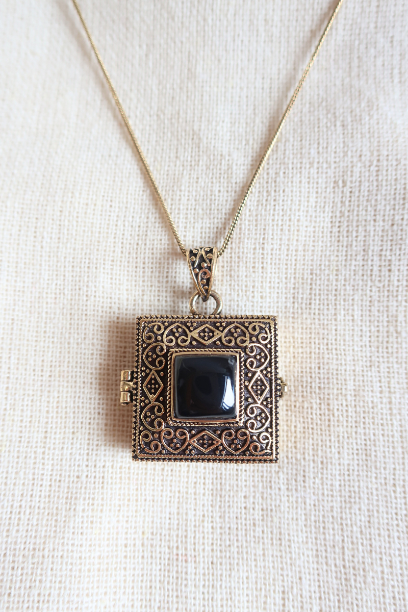 Ornate Locket Necklace in Gold with Black Onyx