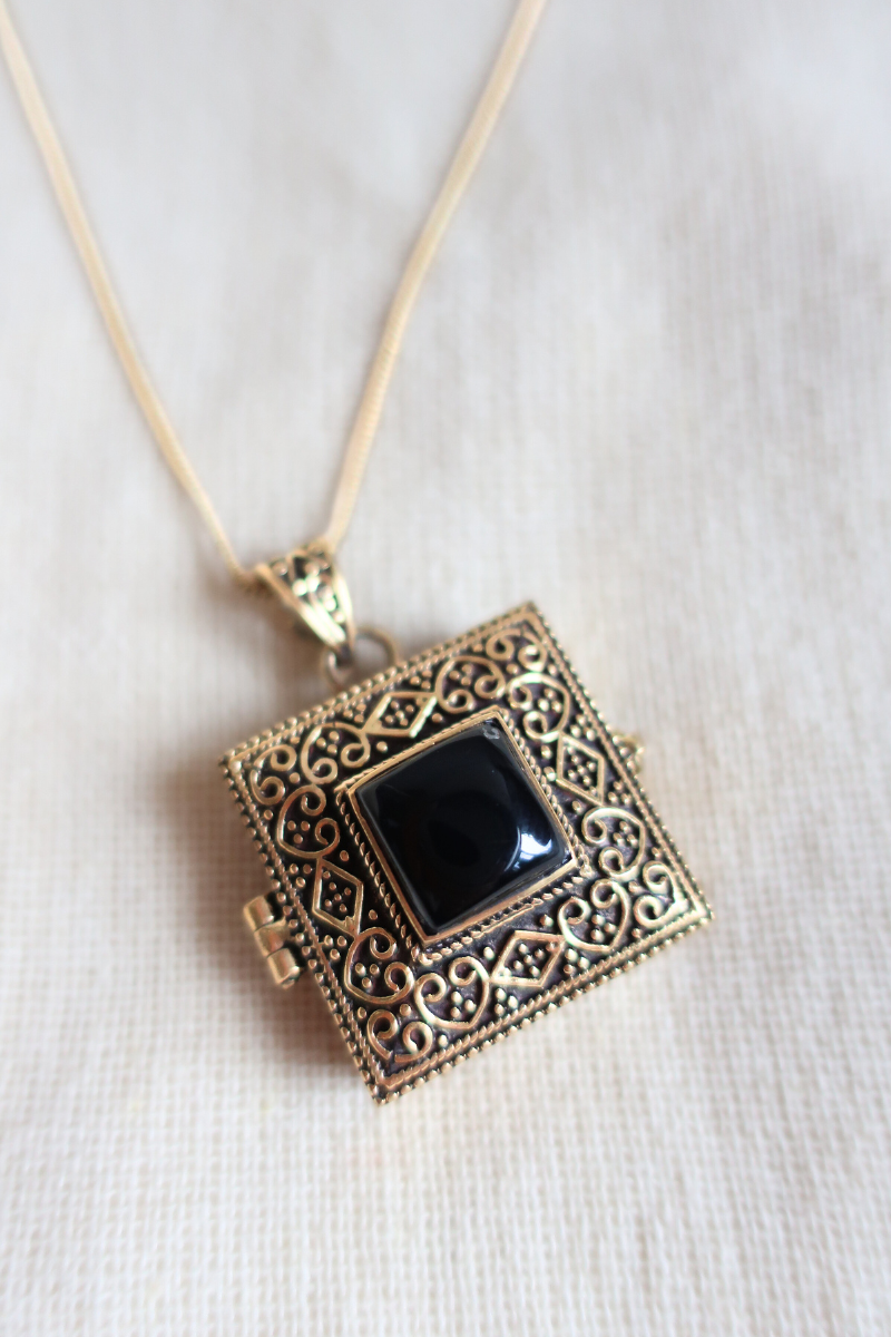 Ornate Locket Necklace in Gold with Black Onyx