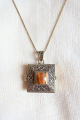 Ornate Locket Necklace in Gold with Brown Tiger's Eye
