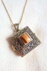 Ornate Locket Necklace in Gold with Brown Tiger's Eye
