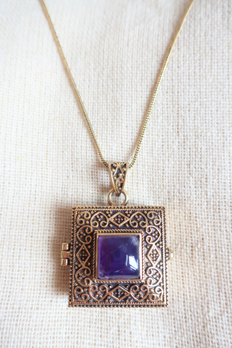 Ornate Locket Necklace in Gold with Purple Amethyst