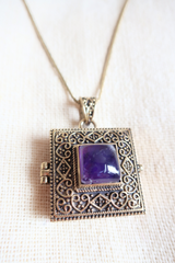 Ornate Locket Necklace in Gold with Purple Amethyst