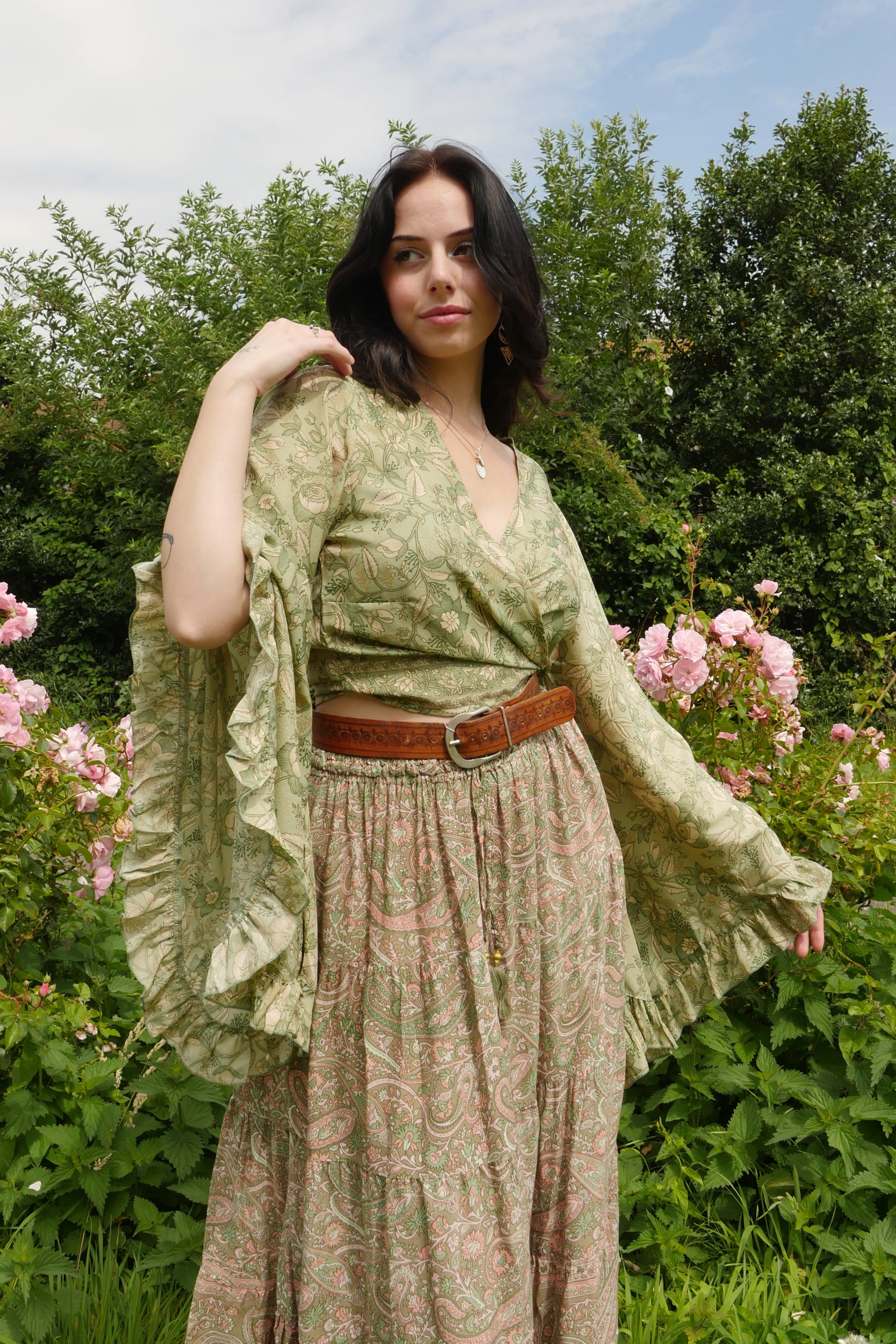 Venus Folklore Floral Wrap Top | Bamboo Green | All About Audrey – All ...