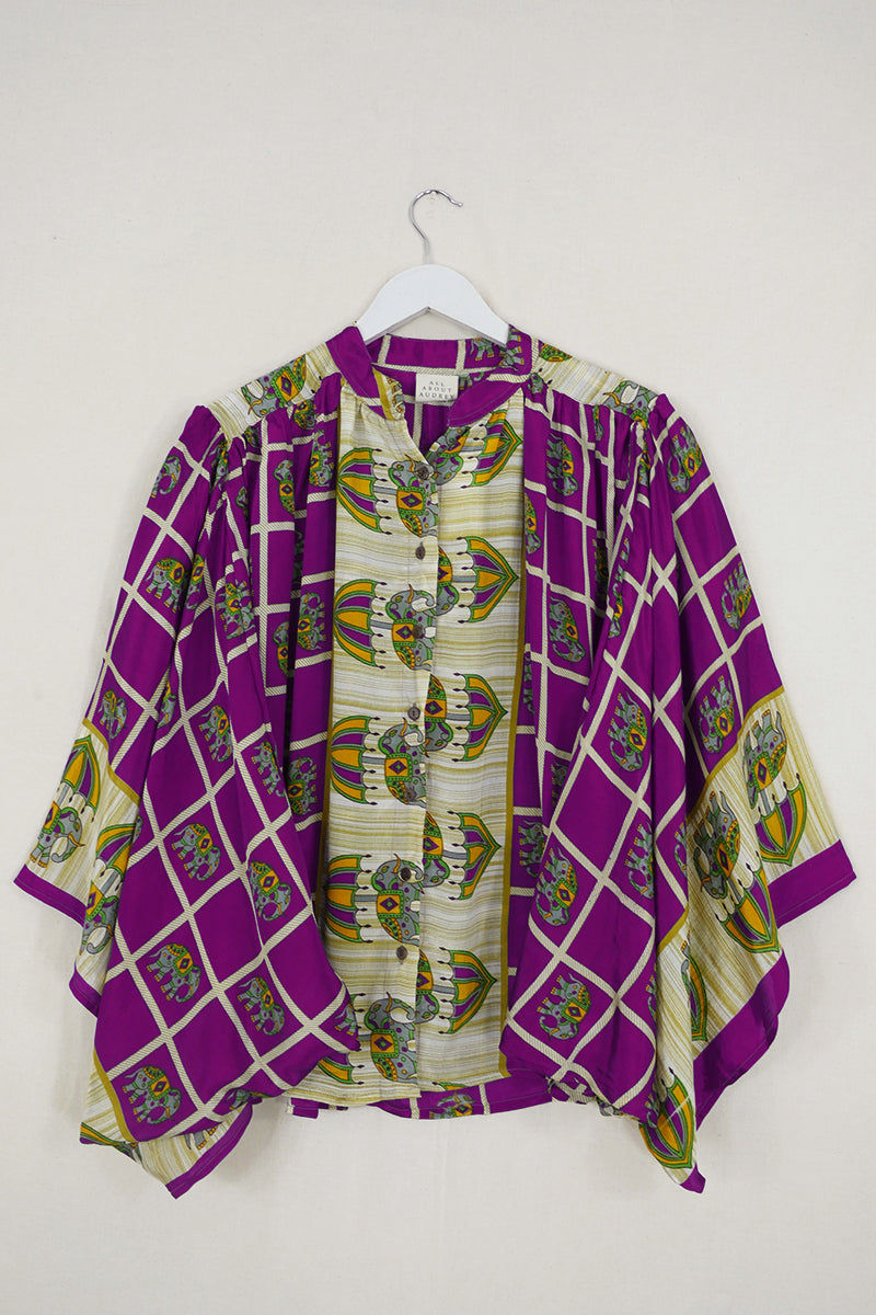 Ophelia Blouse - Regal Purple Elephants - Vintage Sari - Free Size by all about audrey