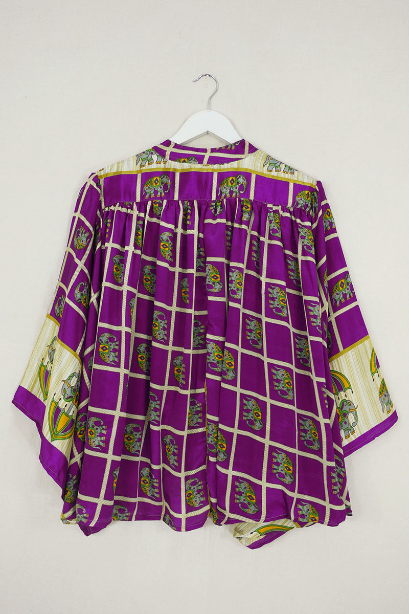 Ophelia Blouse - Regal Purple Elephants - Vintage Sari - Free Size by all about audrey